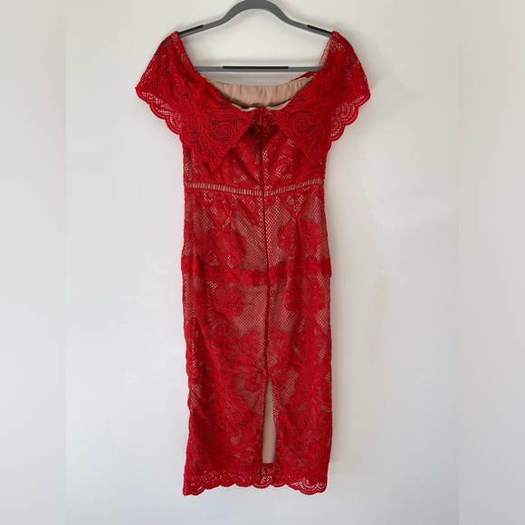 STYLESTALKER Stella Midi Dress off shoulder lace back zip slit red size M - Picture 5 of 11